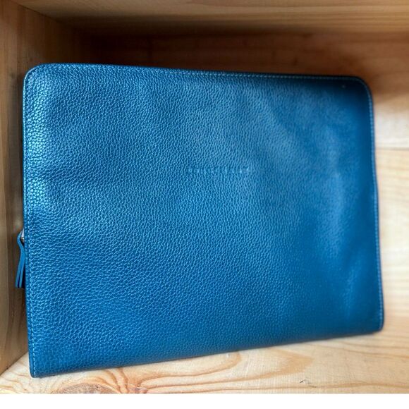 Longchamp Teal Leather Gold Zipper Tablet Portfolio Case 8"x10"x1"Made in France - Picture 8 of 8